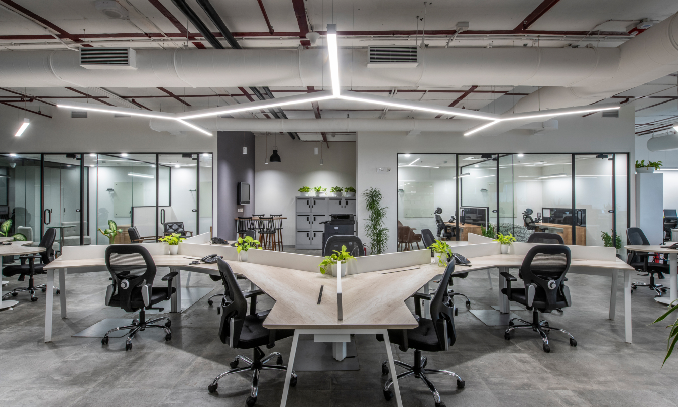 A modern and collaborative workspace with a focus on open communication and natural light